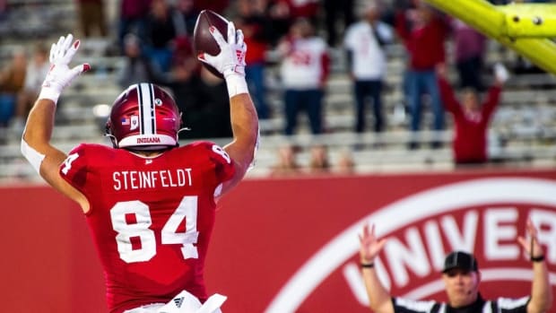 Indiana's Aaron Steinfeldt (84) celebrates his touchdown during the Indiana versus Maryland football game at Memorial Stadium on Saturday, Oct. 15, 2022.